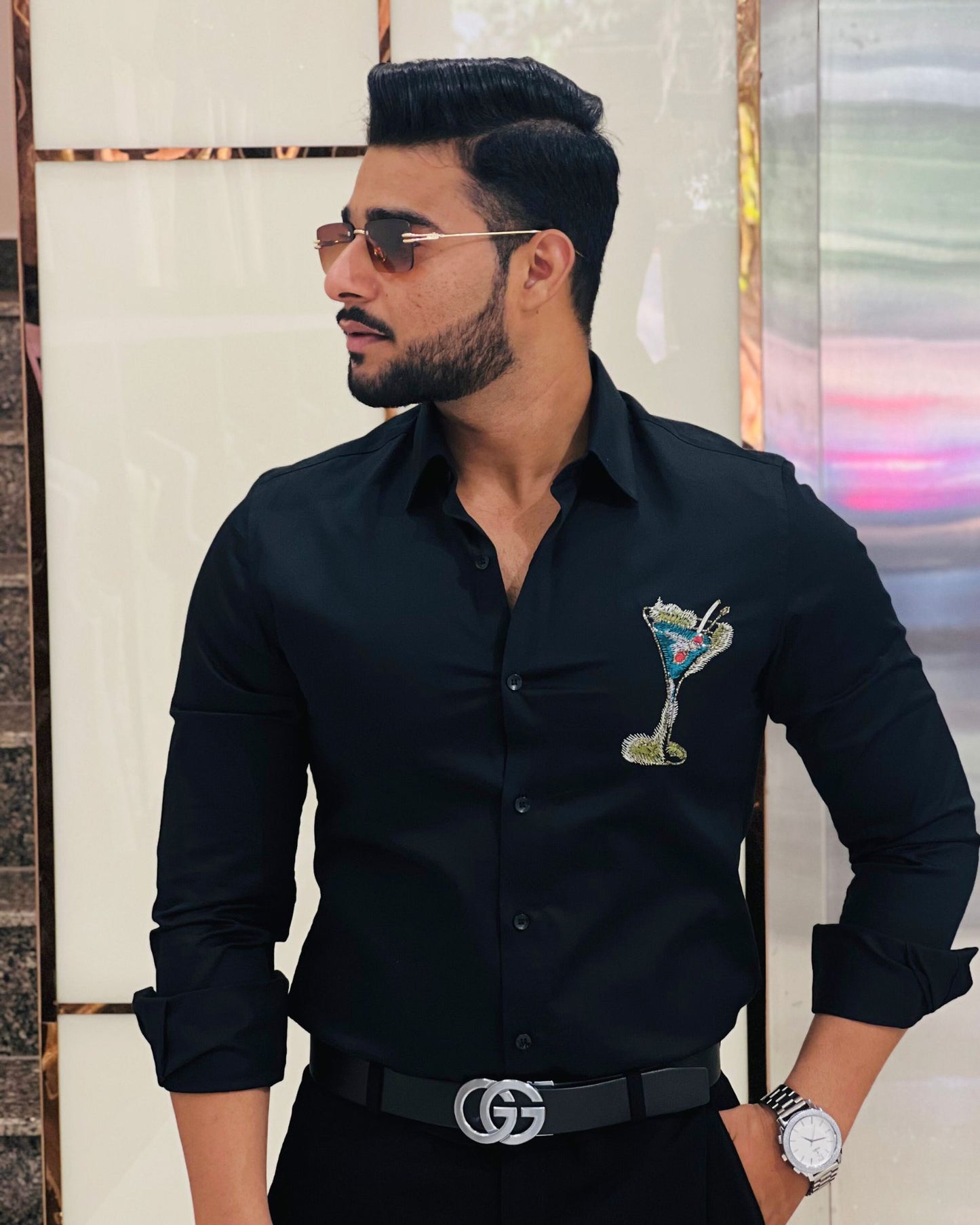 Black Cotton Hand Embroidery Cocktail Glass Designer Shirt