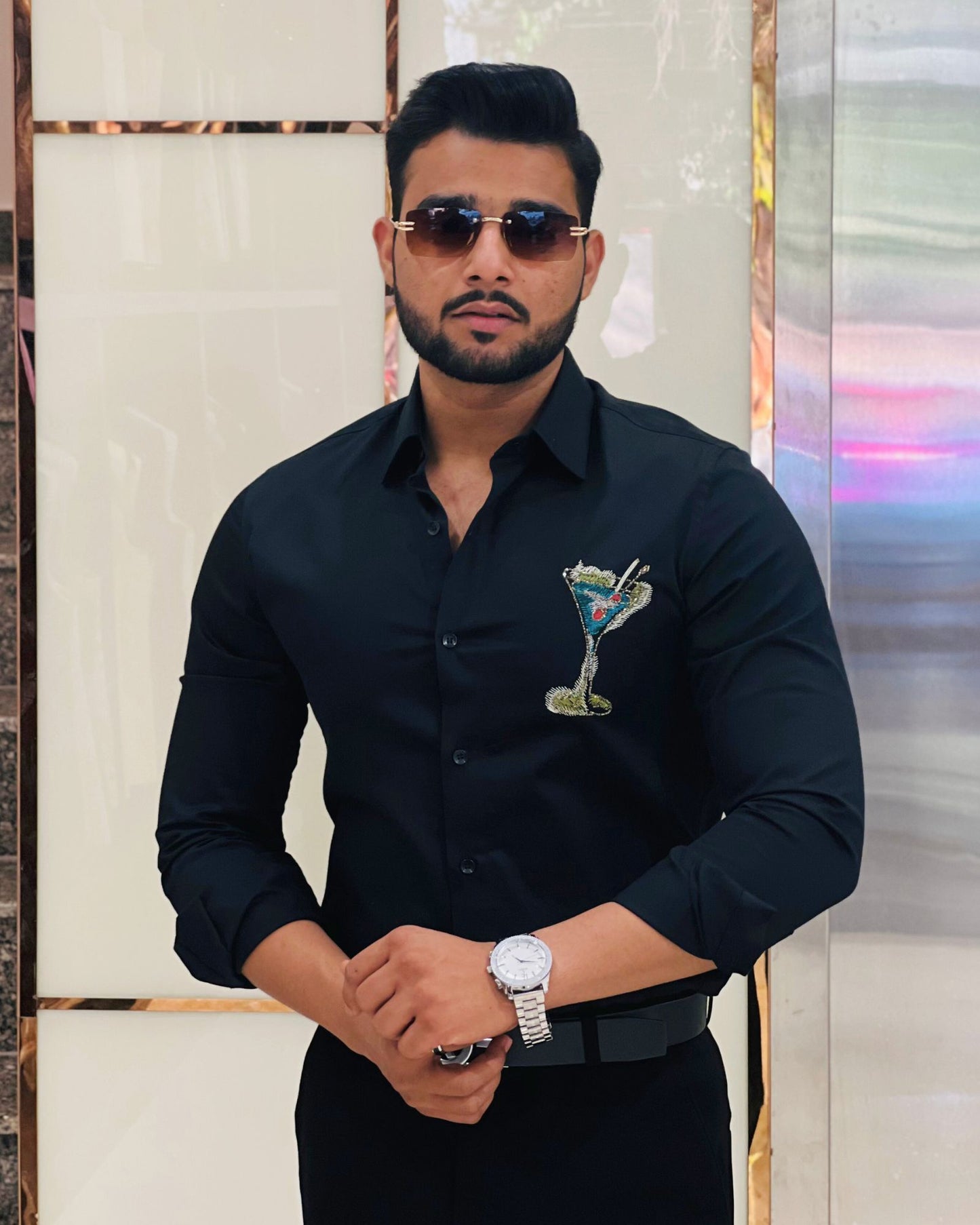 Black Cotton Hand Embroidery Cocktail Glass Designer Shirt