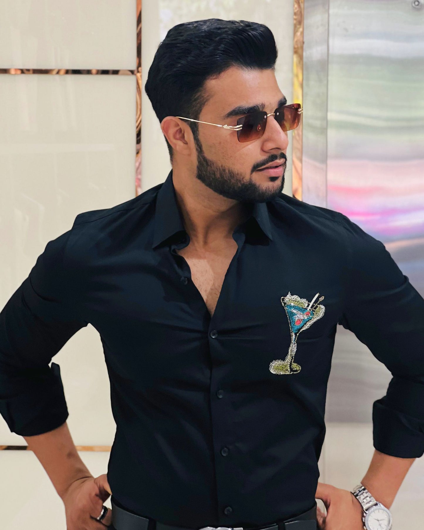 Black Cotton Hand Embroidery Cocktail Glass Designer Shirt