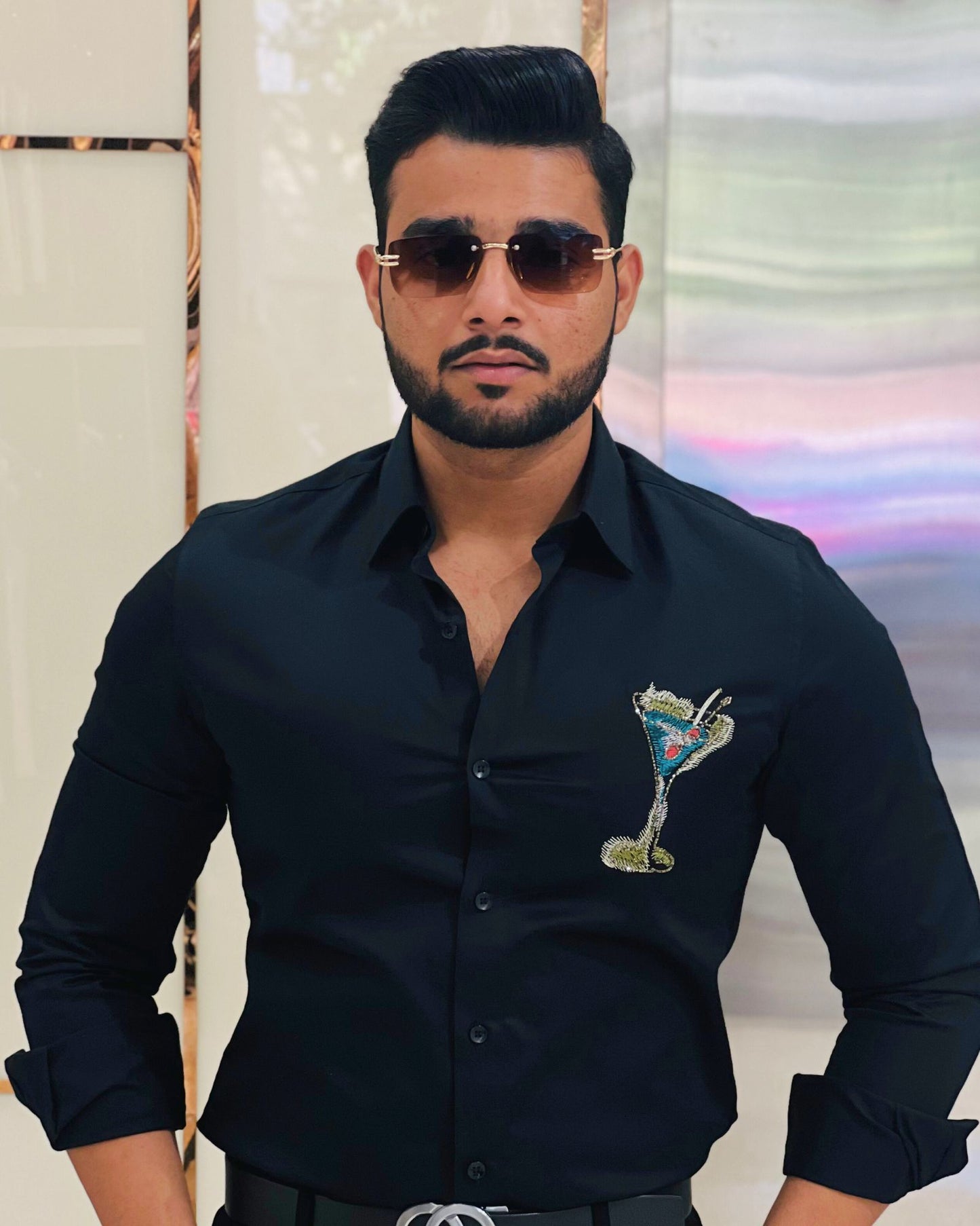 Black Cotton Hand Embroidery Cocktail Glass Designer Shirt