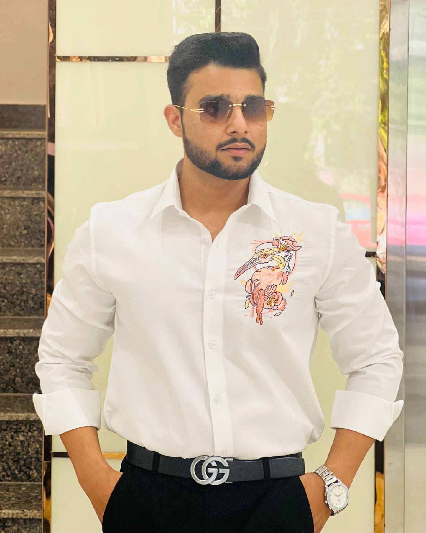 White Cotton Embroidery Bird And Floral Designer Shirt