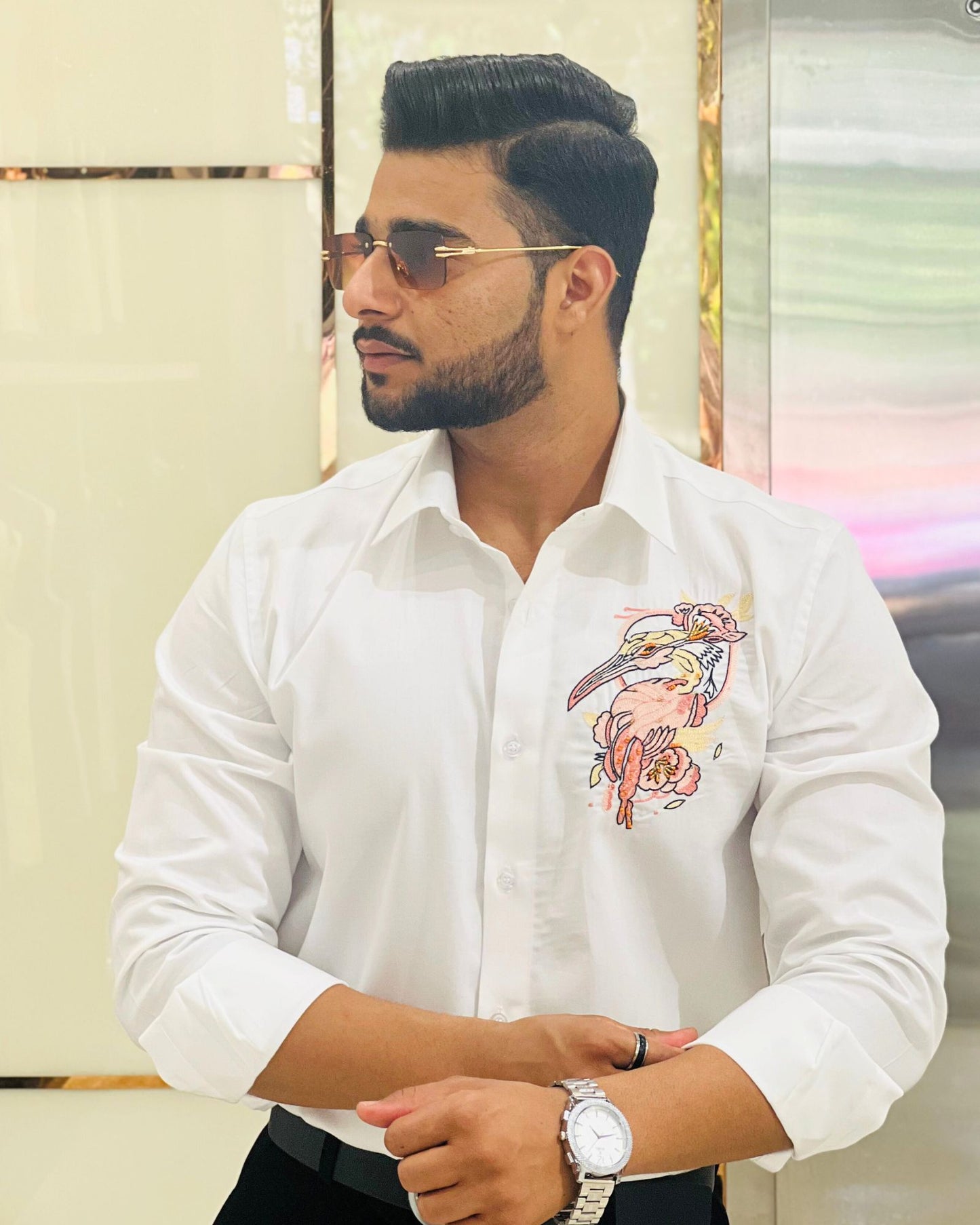 White Cotton Embroidery Bird And Floral Designer Shirt