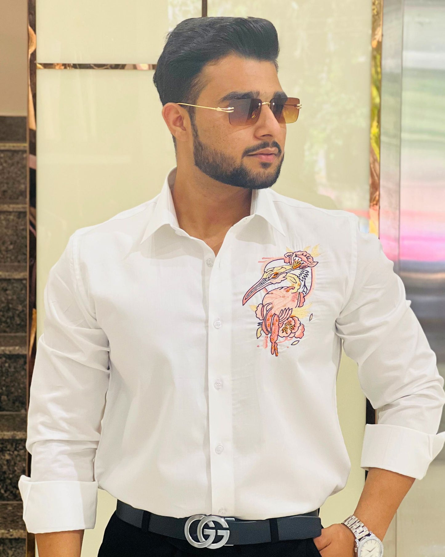 White Cotton Embroidery Bird And Floral Designer Shirt