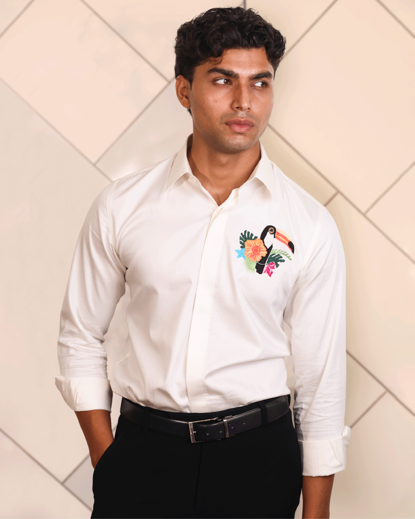 Toucan Bloom – Embroidered White Shirt