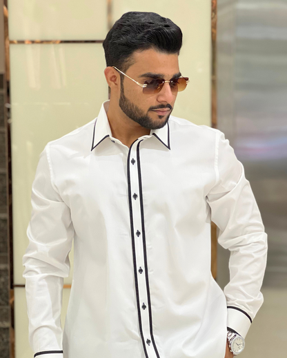 White Plain Shirt With Black Contrast Piping