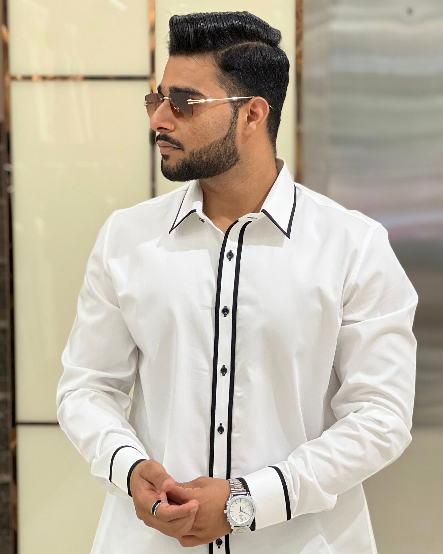 White Plain Shirt With Black Contrast Piping