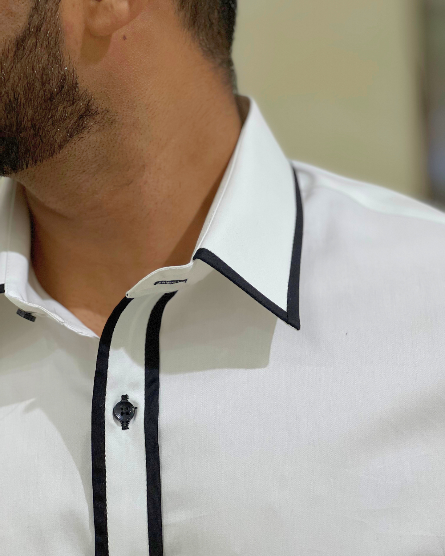 White Plain Shirt With Black Contrast Piping