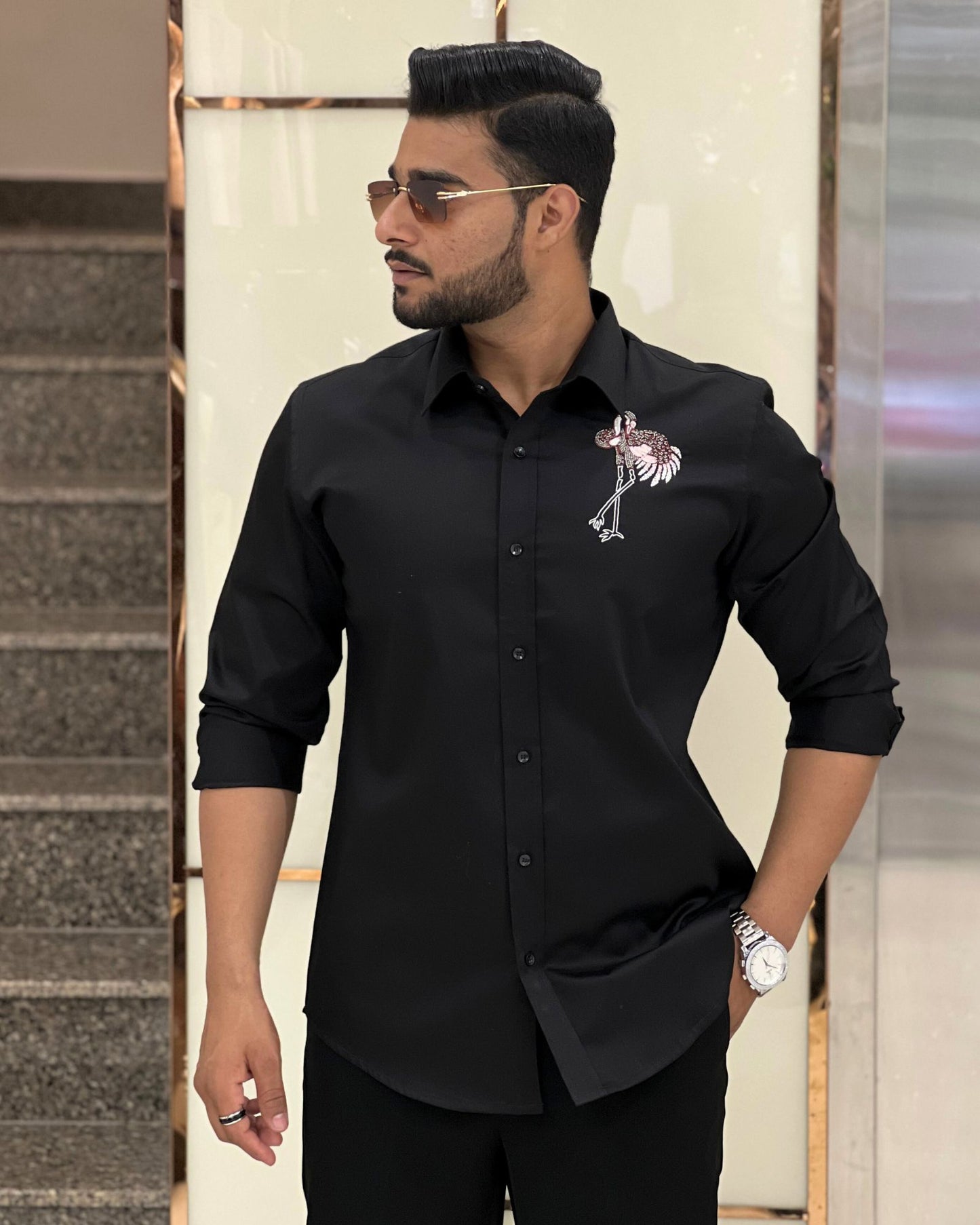 Black Flamingo Embroidery Shirt