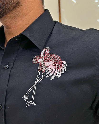 Black Flamingo Embroidery Shirt