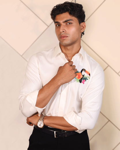 Toucan Bloom – Embroidered White Shirt
