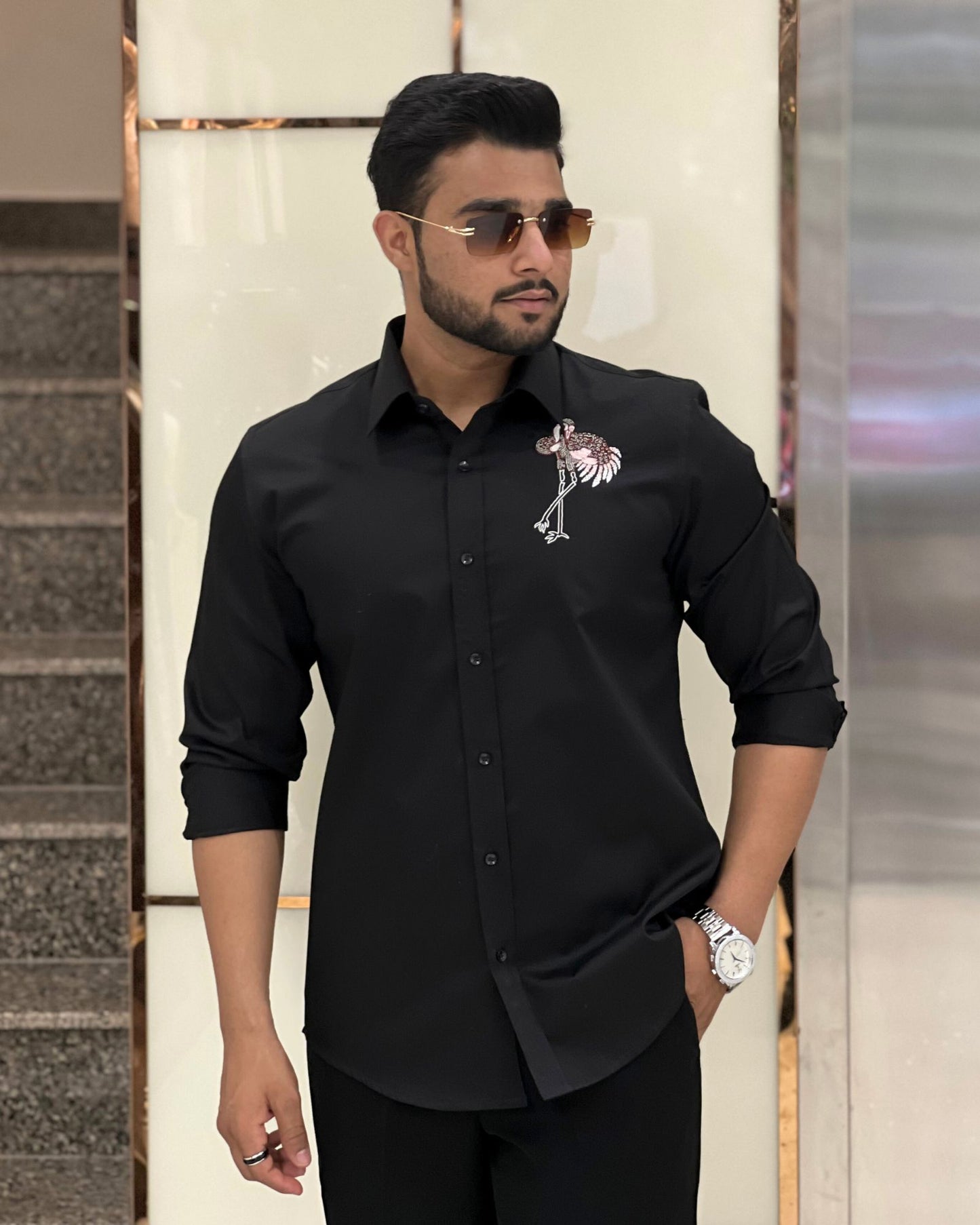 Black Flamingo Embroidery Shirt