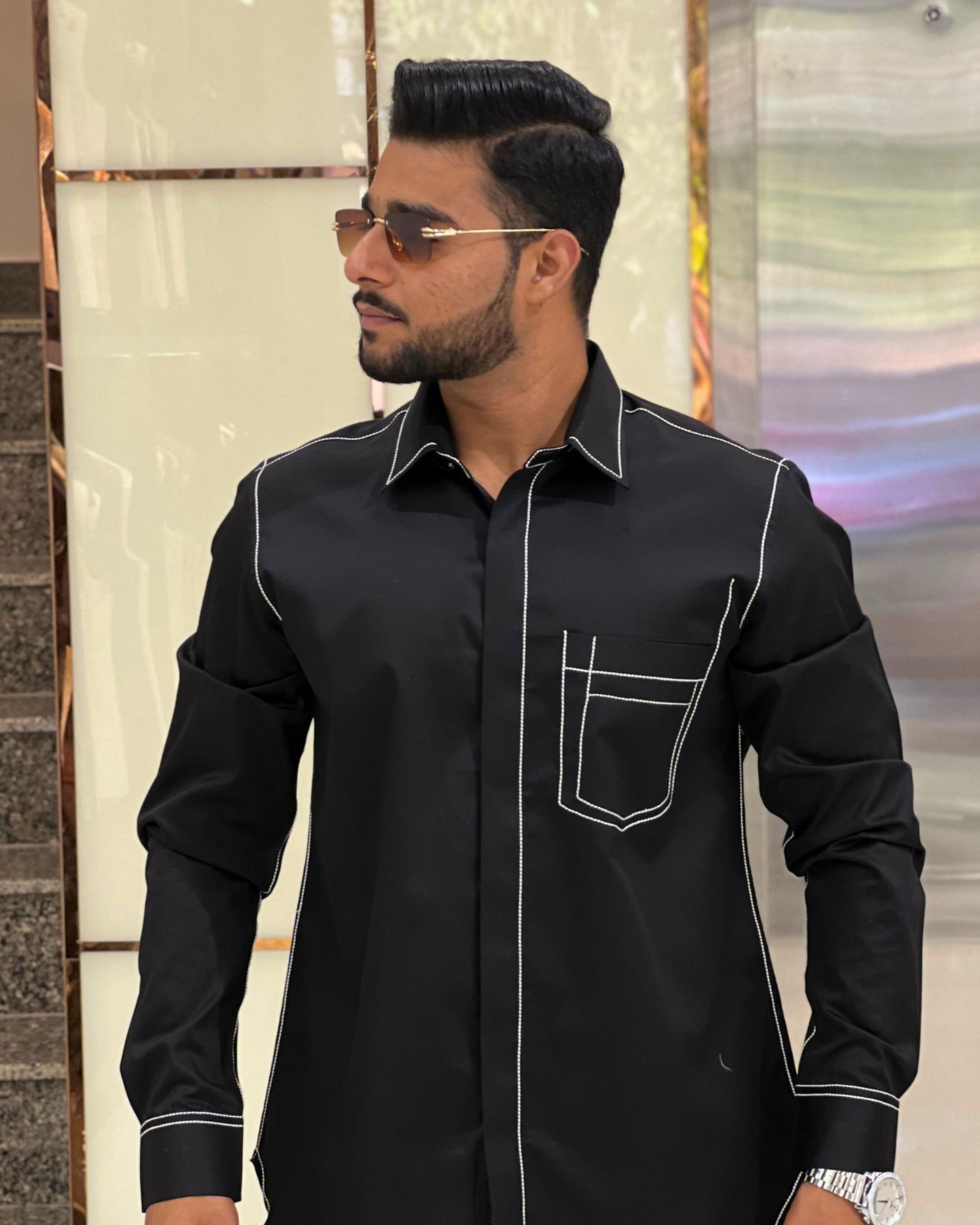 Black Shirt with White Contrast Stitching