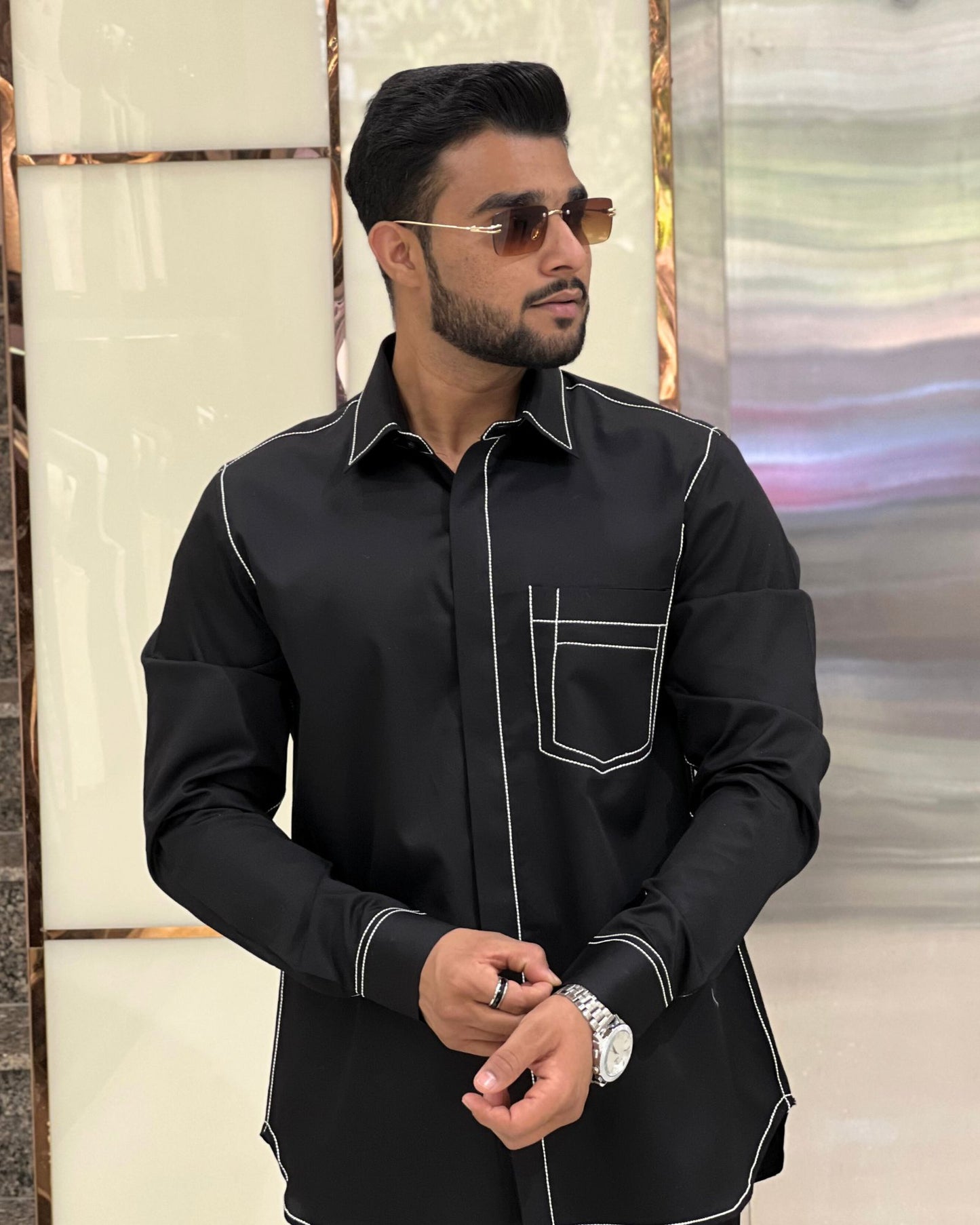 Black Shirt with White Contrast Stitching
