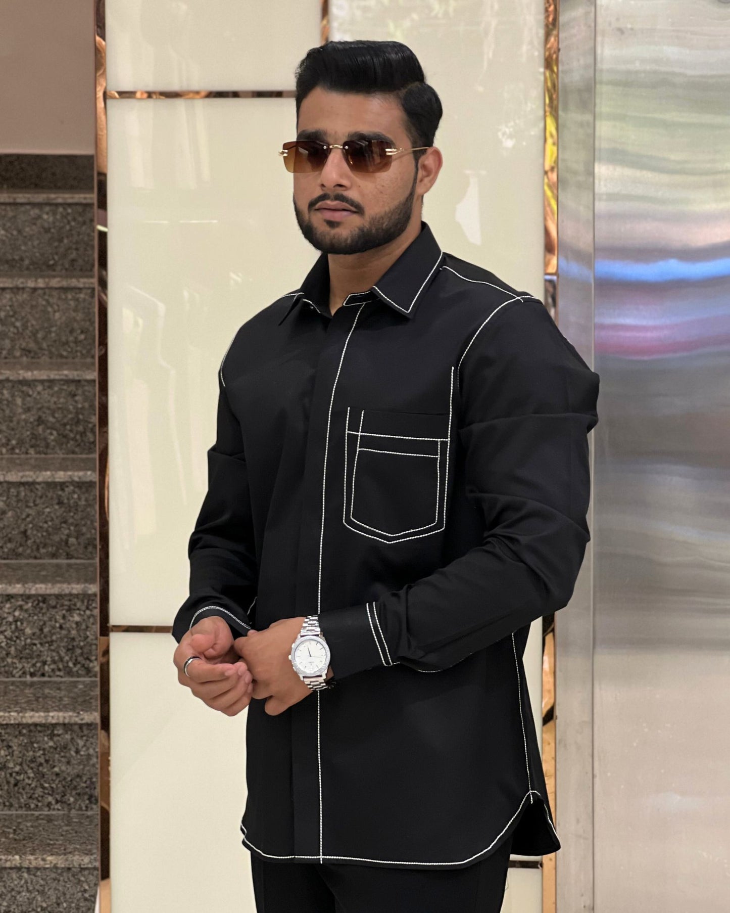 Black Shirt with White Contrast Stitching