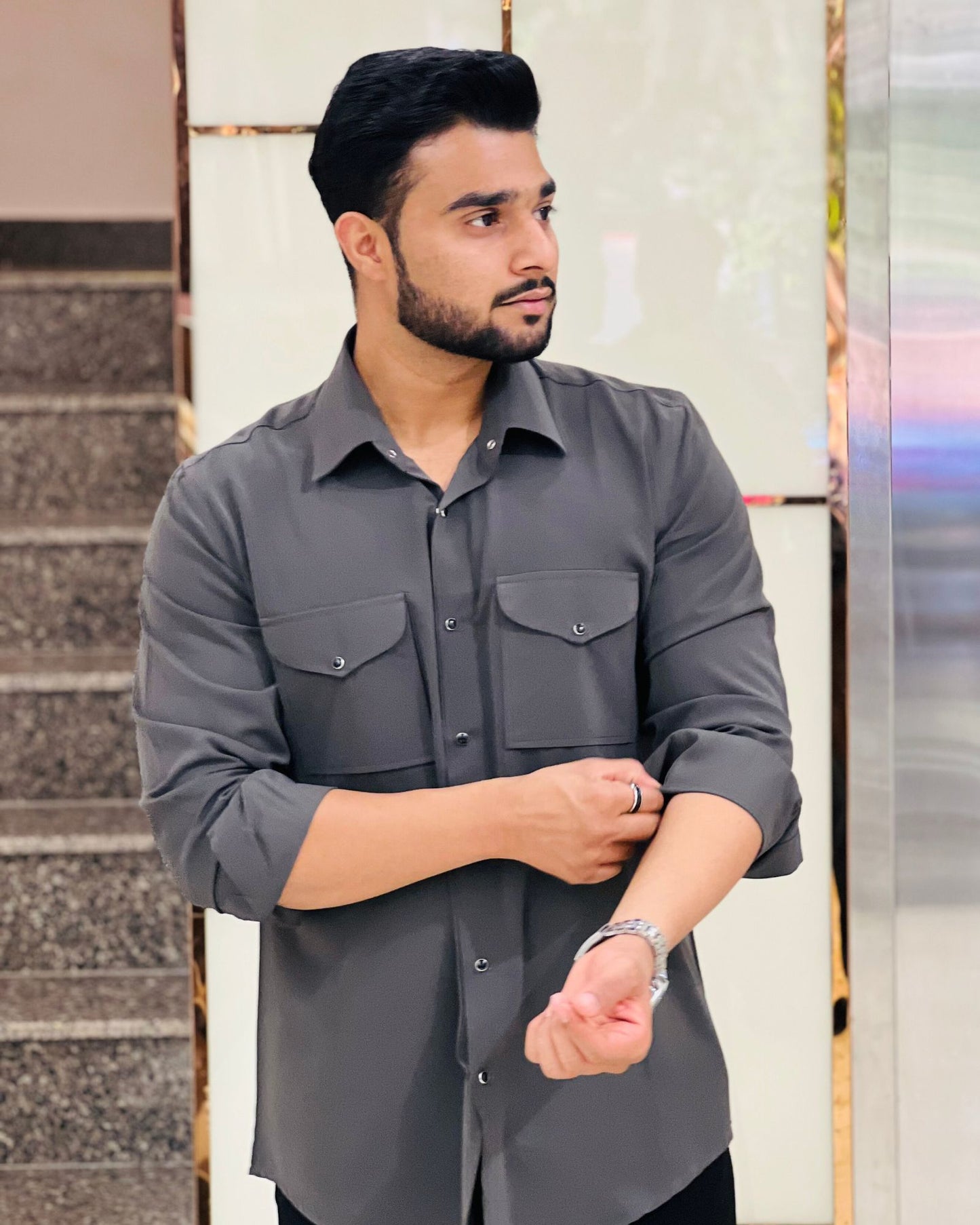 Grey Shirt With Flap Pockets