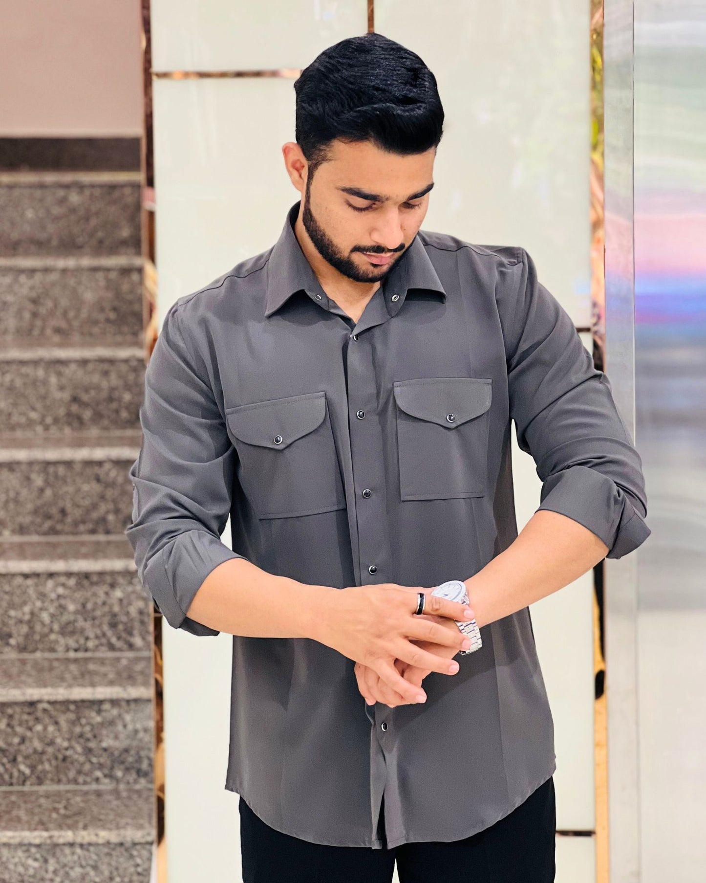 Grey Shirt With Flap Pockets