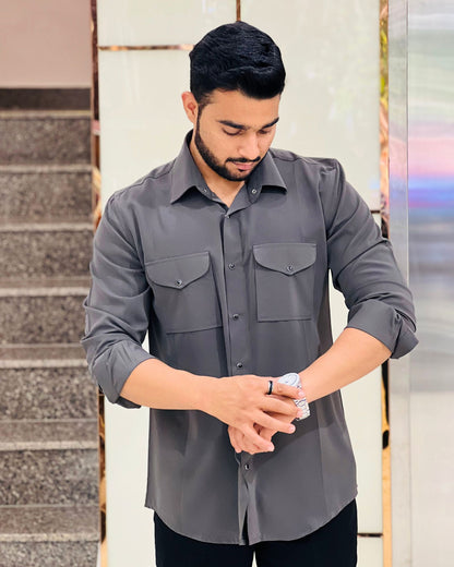 Grey Shirt With Flap Pockets