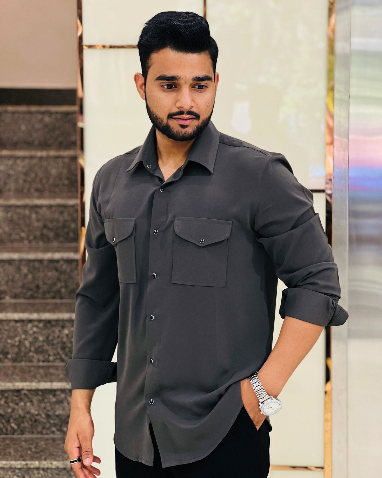 Grey Shirt With Flap Pockets