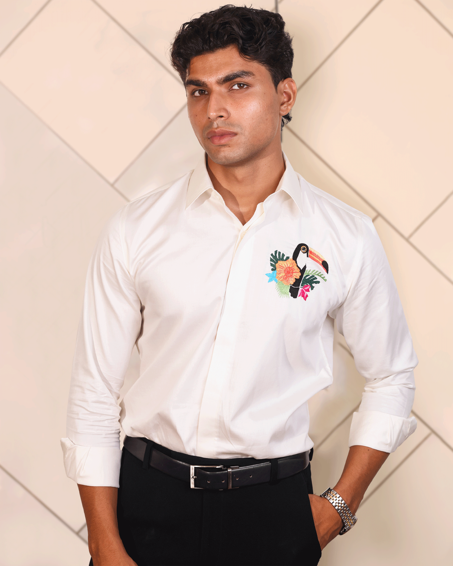 Toucan Bloom – Embroidered White Shirt