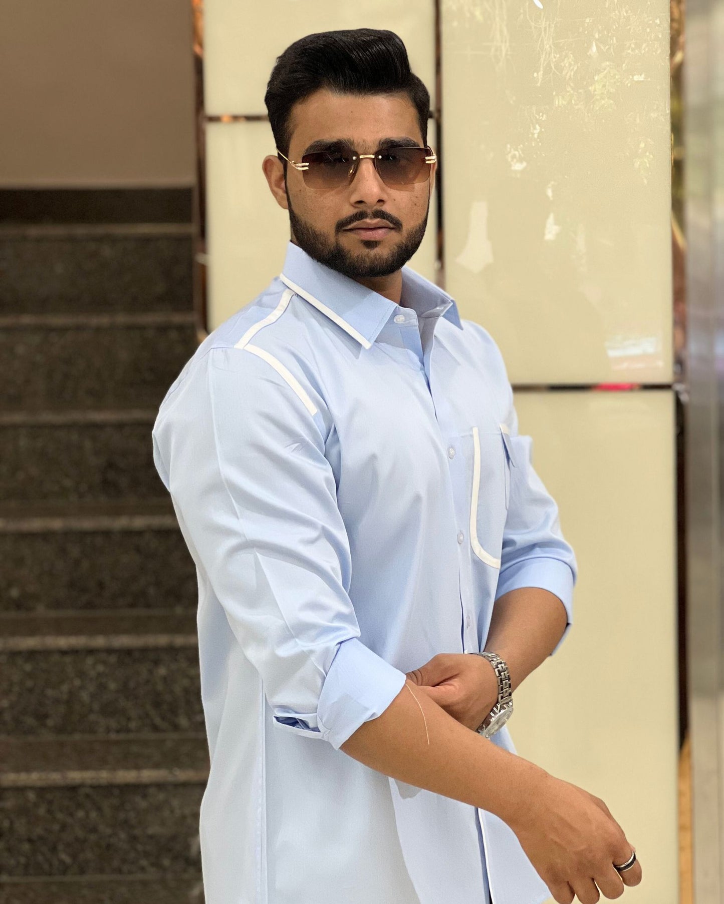 Sky Blue Shirt With White Contrast Detailing