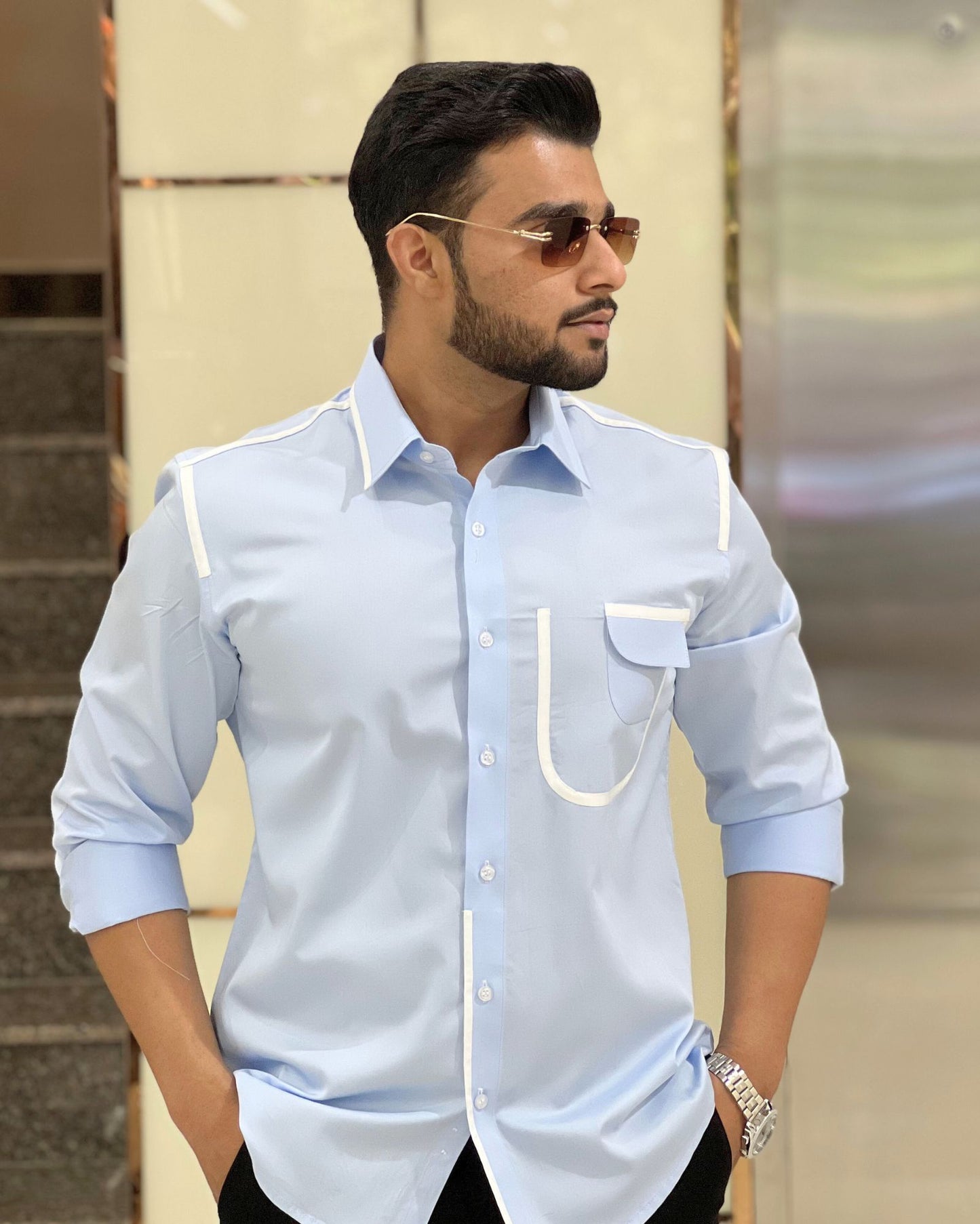 Sky Blue Shirt With White Contrast Detailing