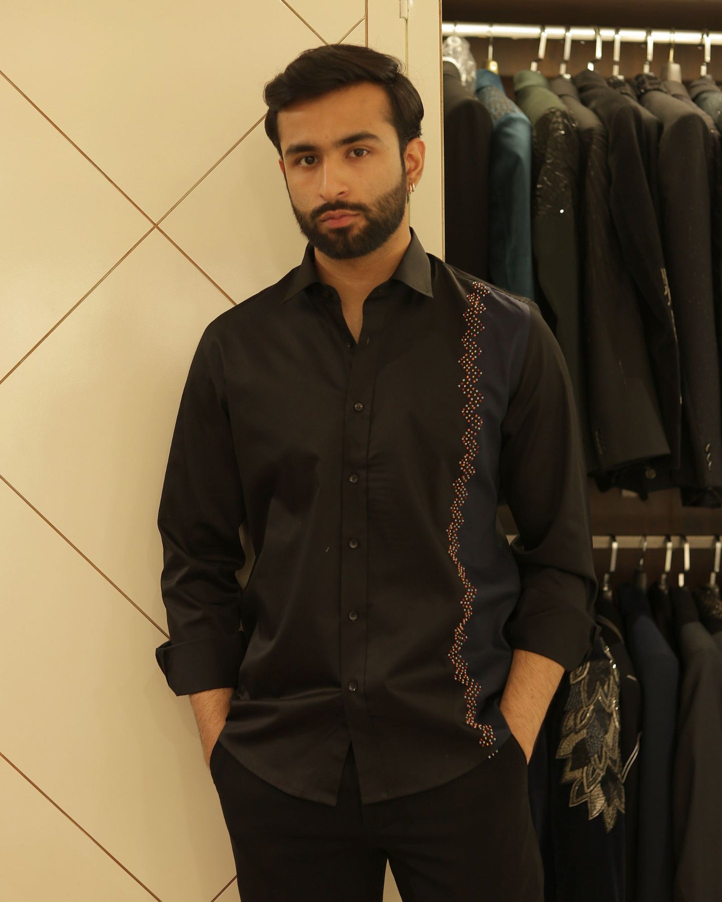 Black & Navy Blue Cotton Threadwork Shirt