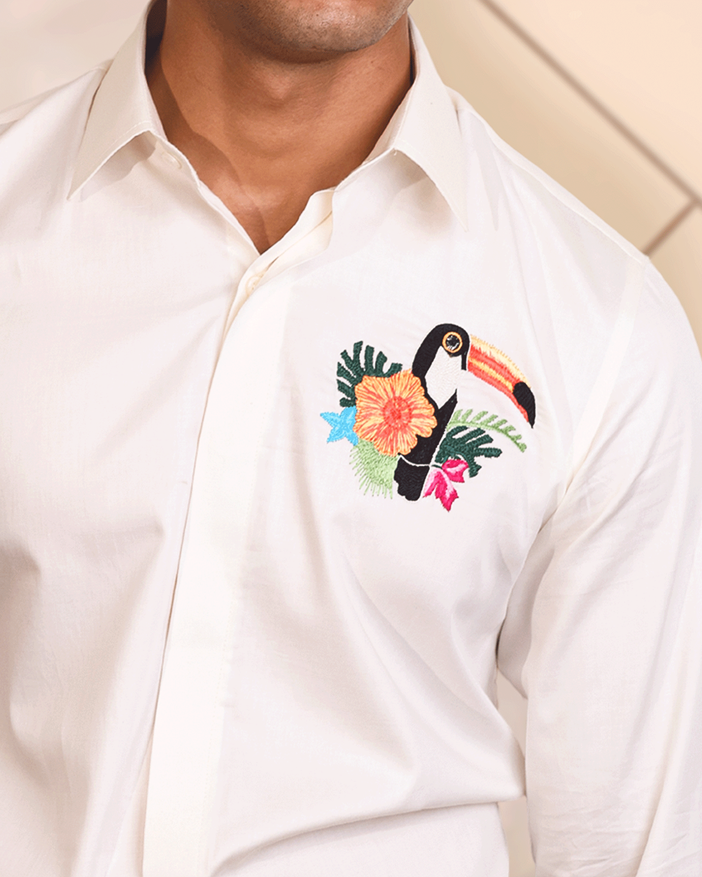 Toucan Bloom – Embroidered White Shirt