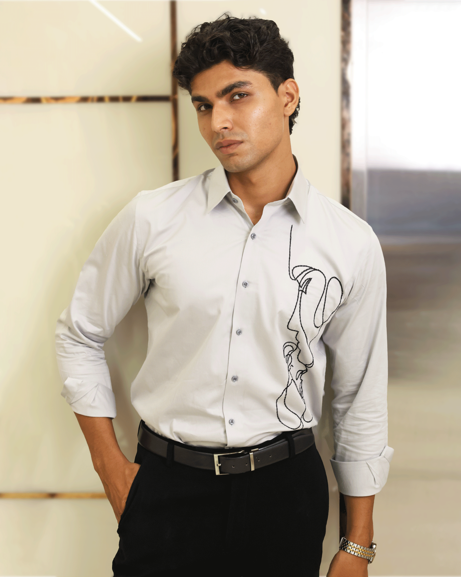 Abstract Line – Grey Embroidered Shirt