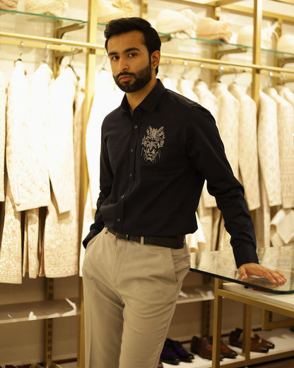 Navy Blue Embroidery Cotton Shirt