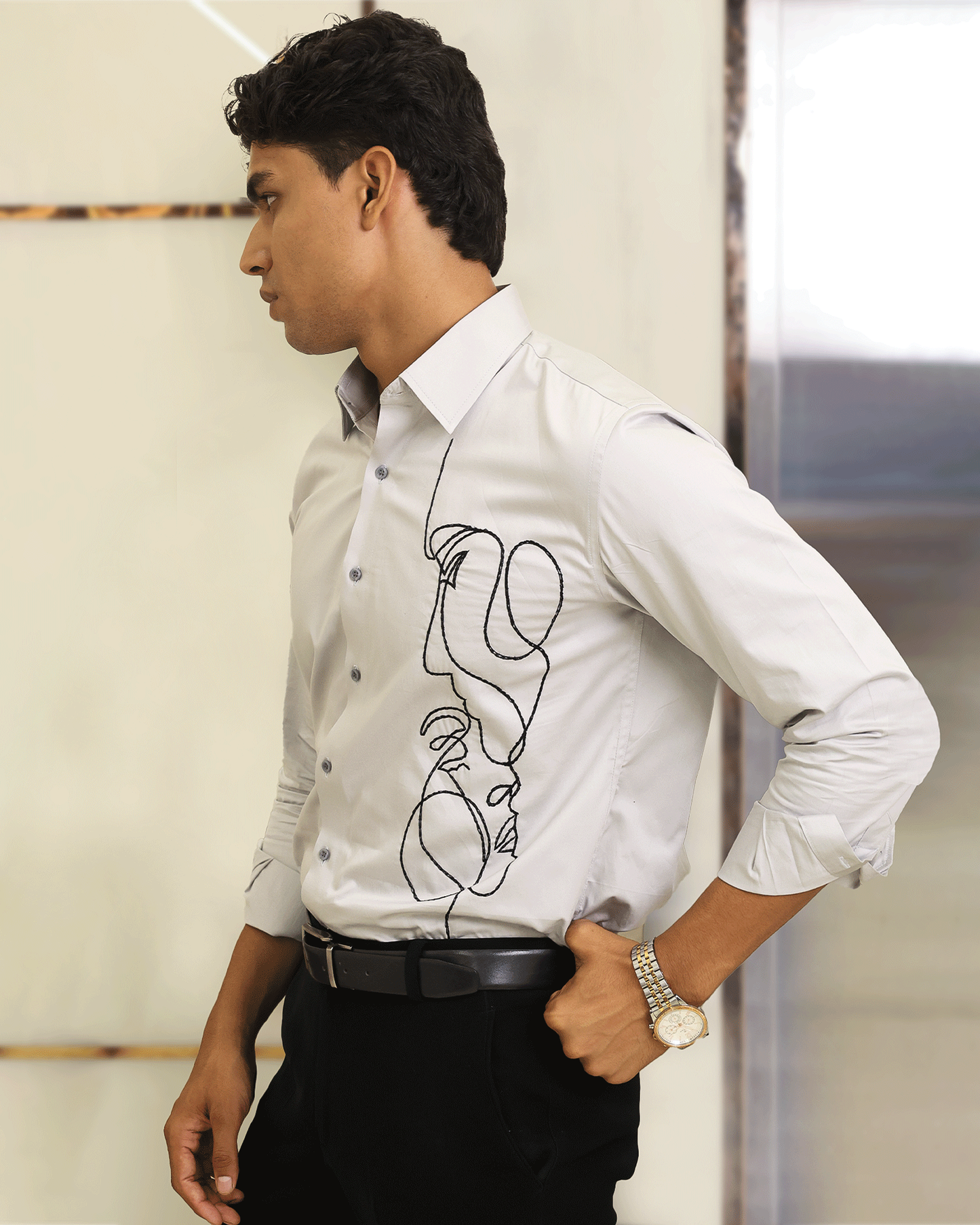 Abstract Line – Grey Embroidered Shirt