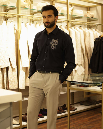 Navy Blue Embroidery Cotton Shirt