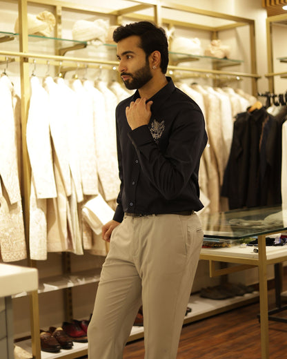 Navy Blue Embroidery Cotton Shirt
