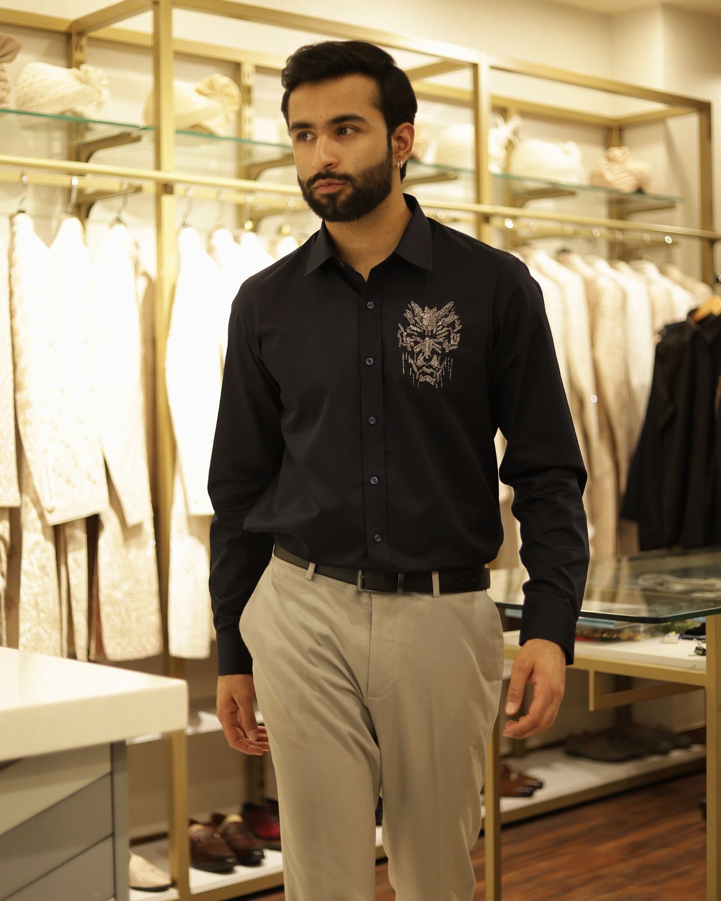 Navy Blue Embroidery Cotton Shirt