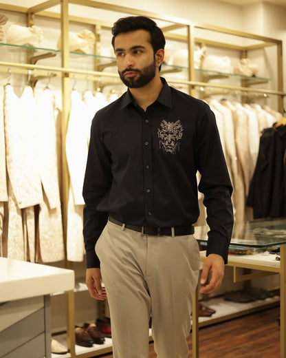 Navy Blue Embroidery Cotton Shirt