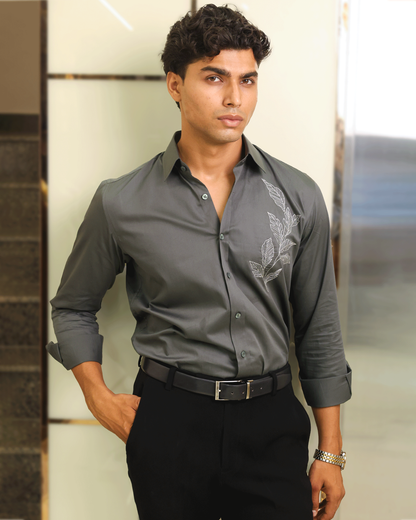 Charcoal Leaf – Embroidered Designer Shirt