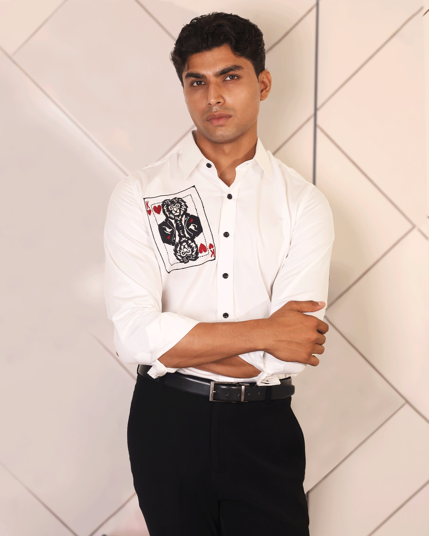 Stitchery White Shirt with Embroidered Playing Card Motif