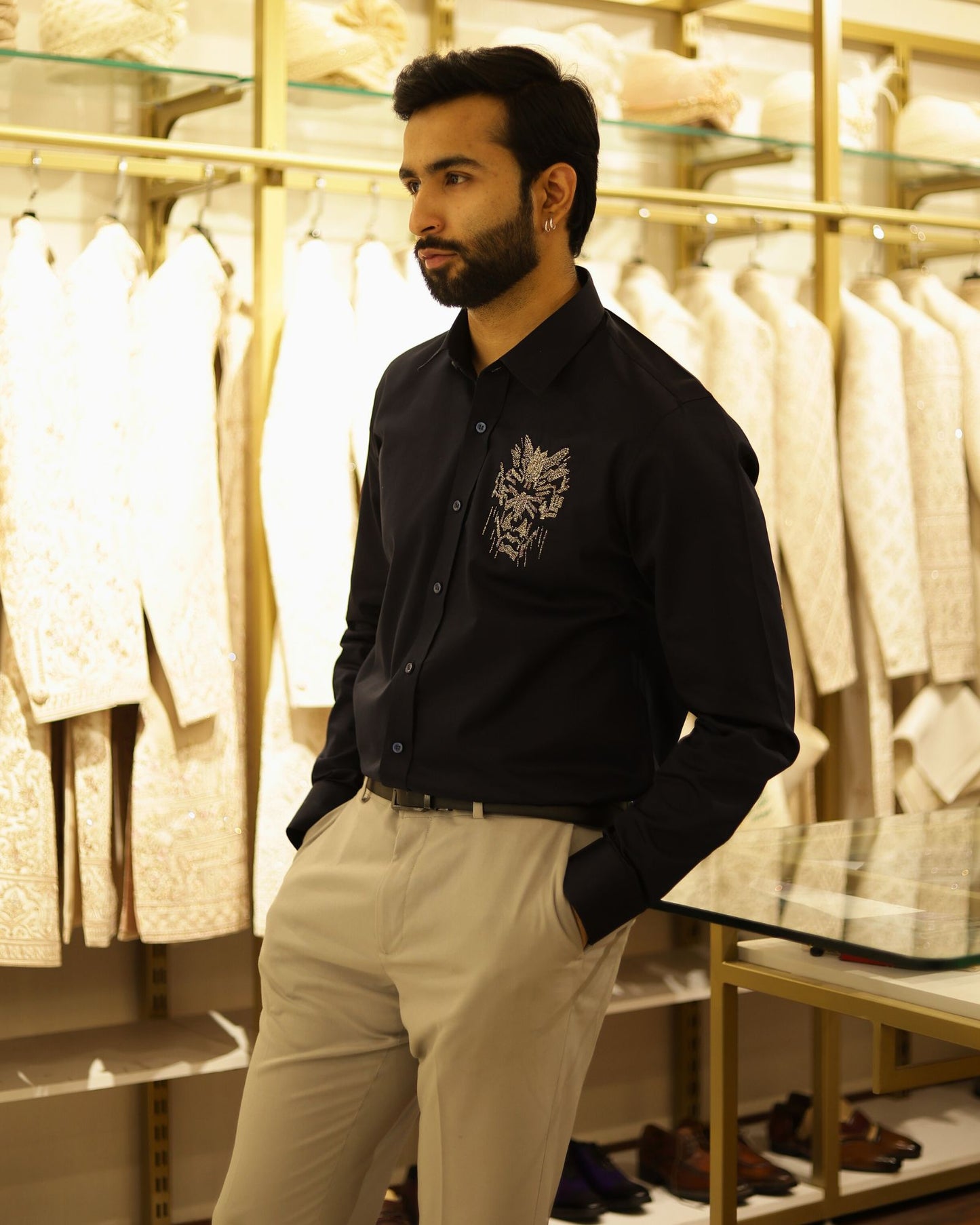 Navy Blue Embroidery Cotton Shirt