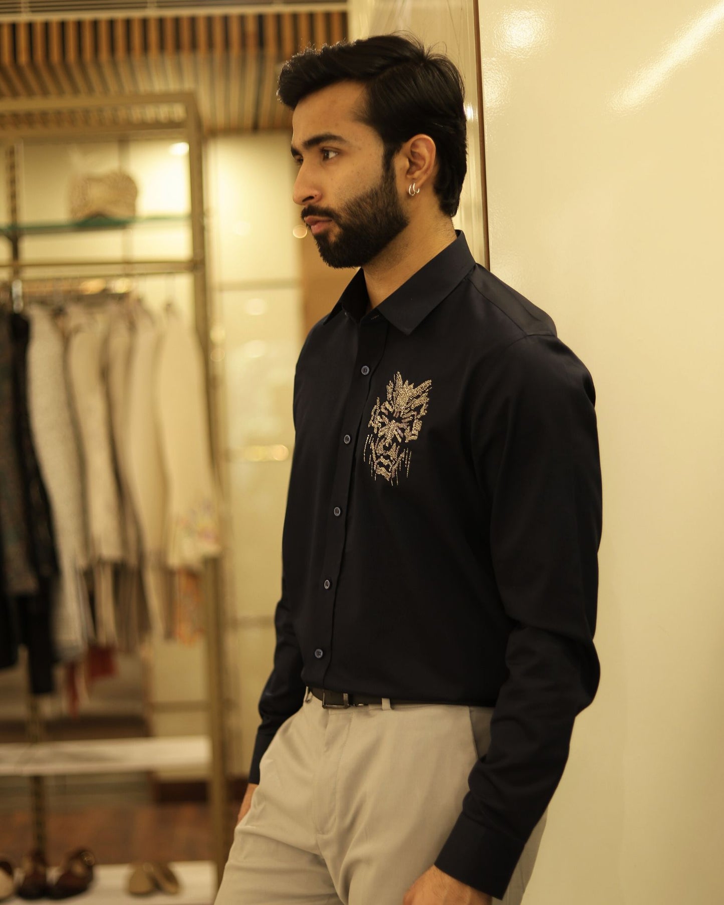Navy Blue Embroidery Cotton Shirt