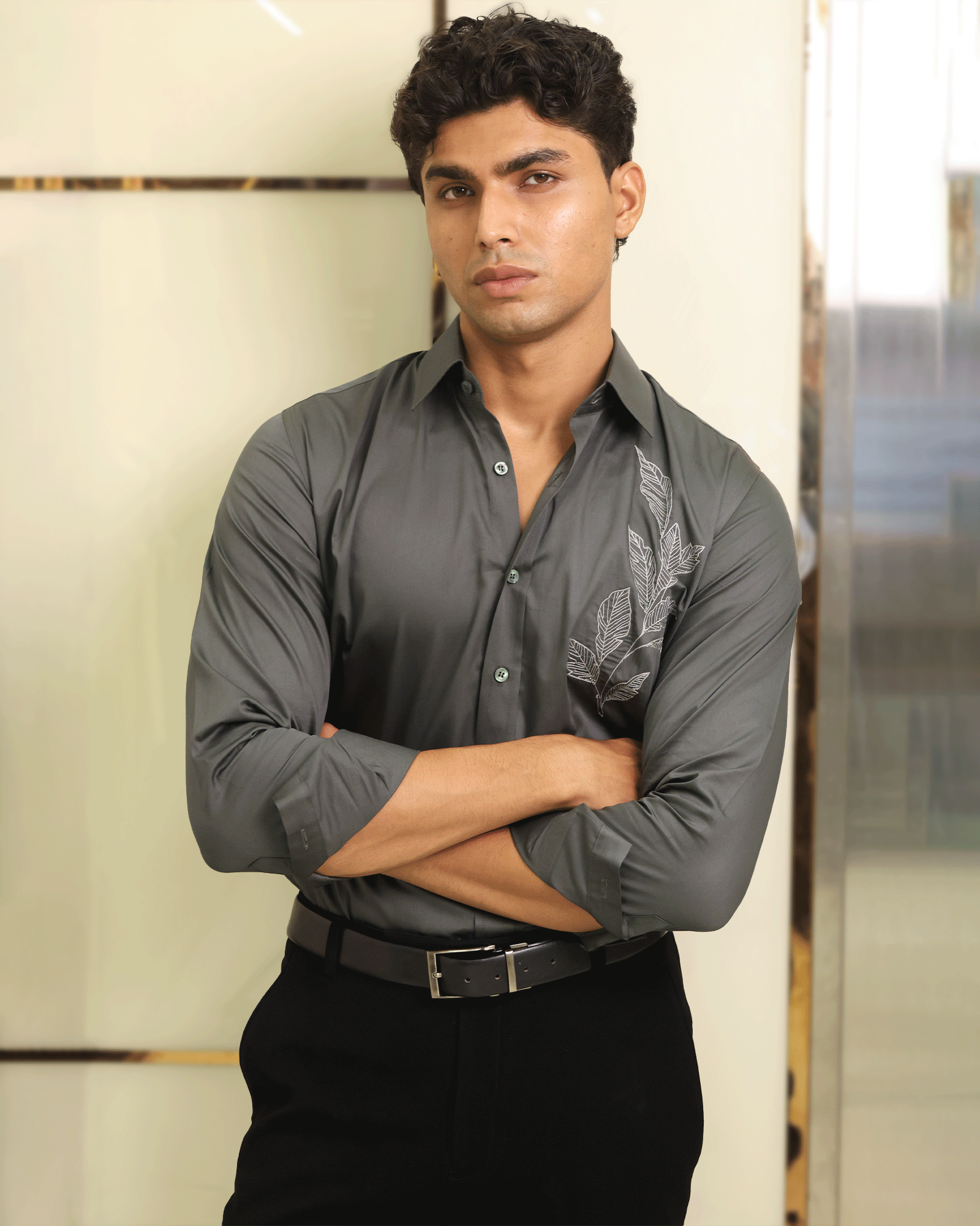 Charcoal Leaf – Embroidered Designer Shirt