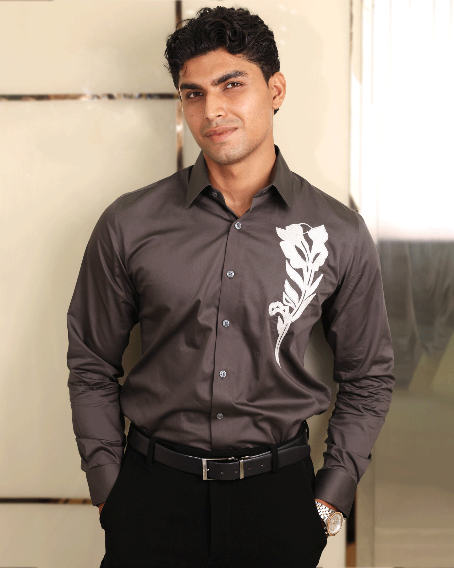 Ivory Bloom – Embroidered Charcoal Shirt