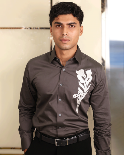 Ivory Bloom – Embroidered Charcoal Shirt