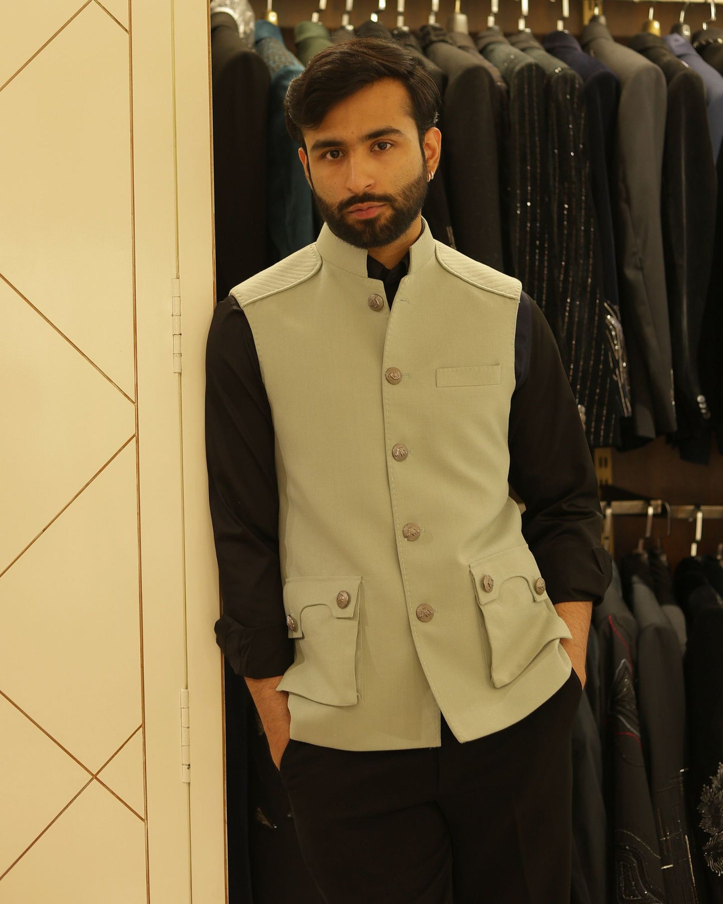 Sage Green Suiting Nehru Jacket