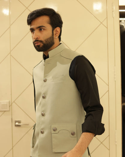 Sage Green Suiting Nehru Jacket