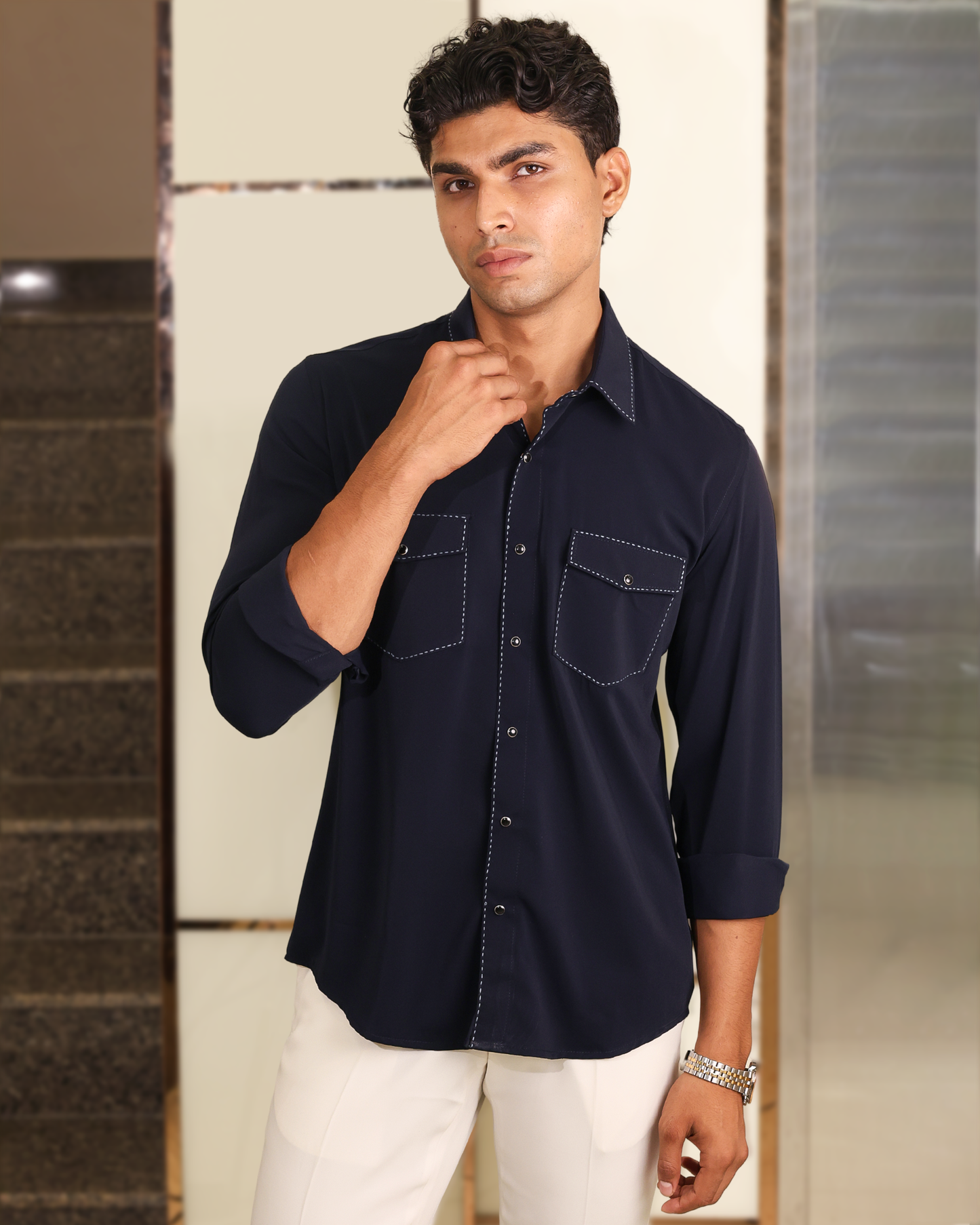 Navy Stitch Dual Pocket Designer Shirt