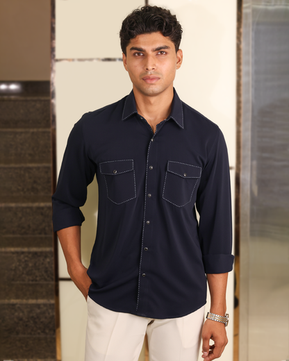 Navy Stitch Dual Pocket Designer Shirt