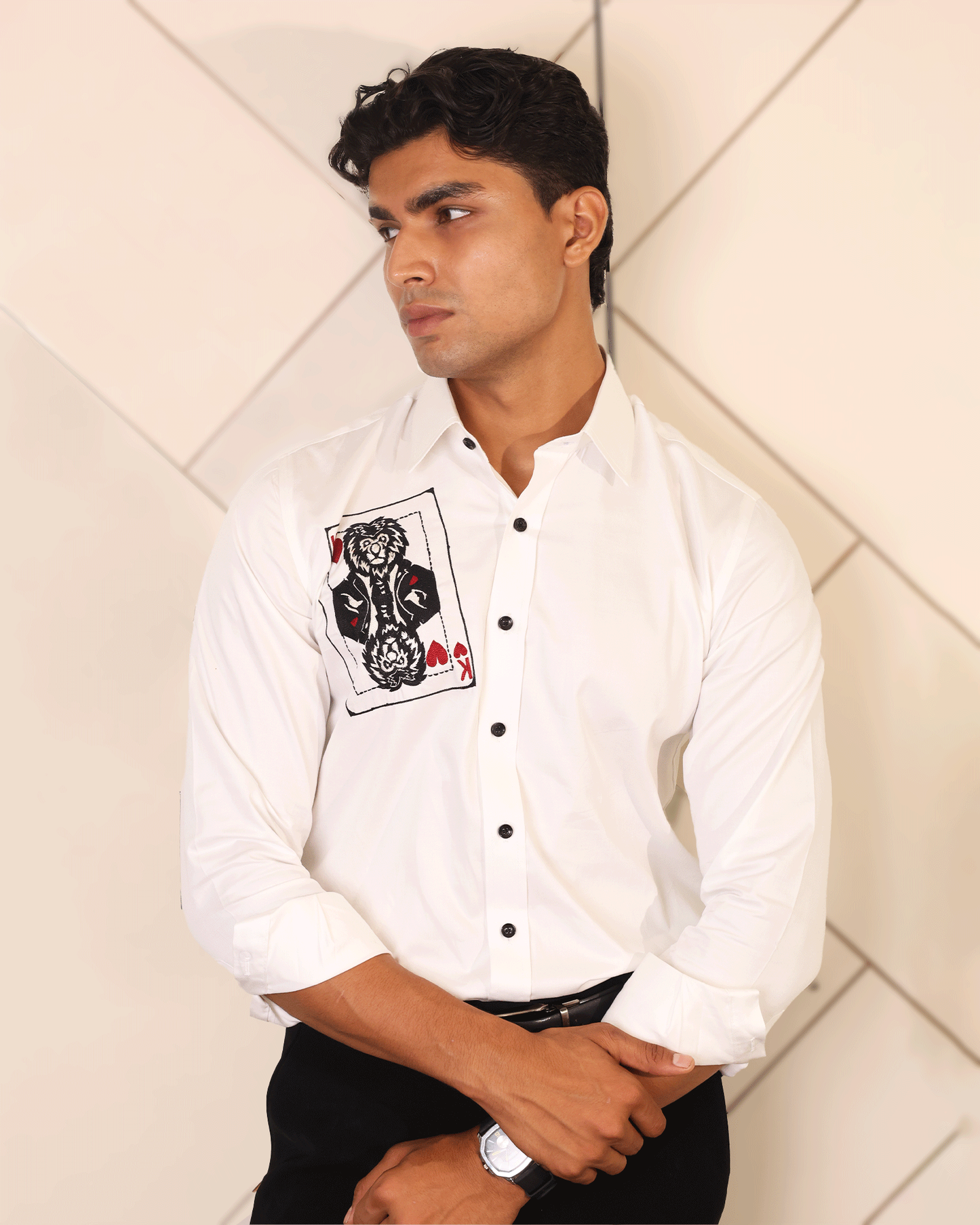 Stitchery White Shirt with Embroidered Playing Card Motif