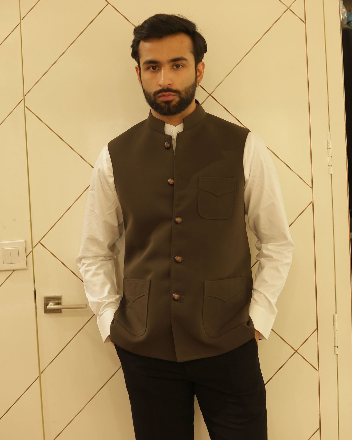 Brown Suiting Nehru Jacket