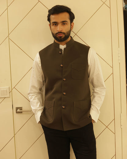 Brown Suiting Nehru Jacket