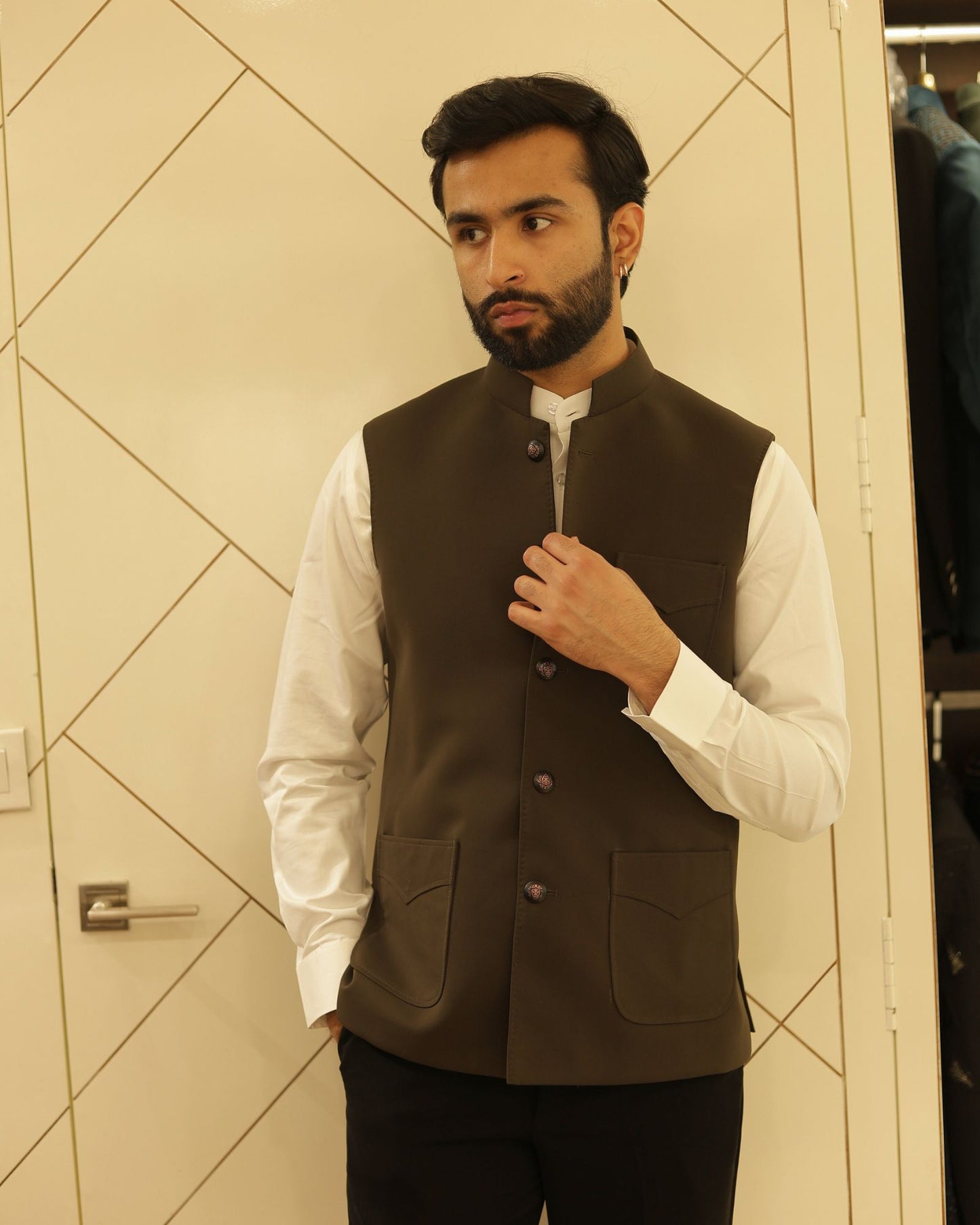Brown Suiting Nehru Jacket