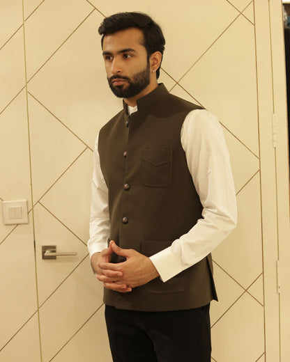 Brown Suiting Nehru Jacket